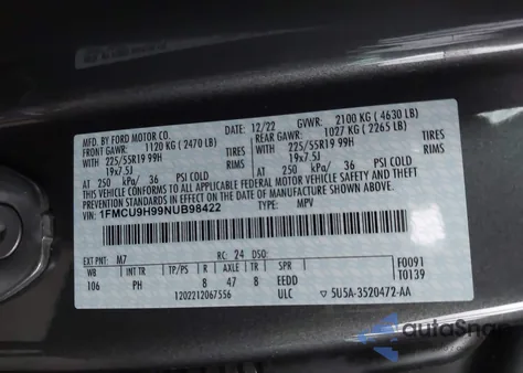 2022 Ford Escape Sel из США, поврежденный, VIN 1FMCU9H99NUB98422